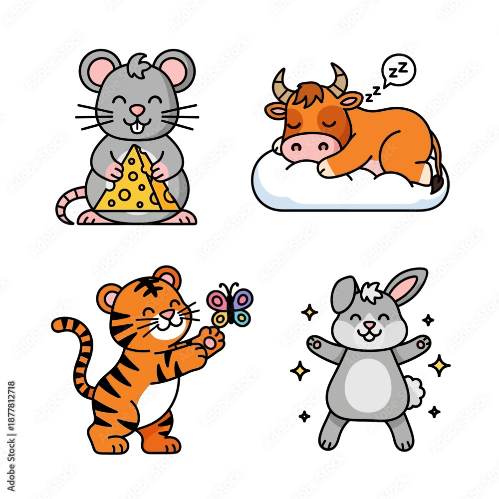 Obraz premium Four cute cartoon animals, including a mouse, sleeping cow, tiger with butterfly, and a sparkling rabbit.