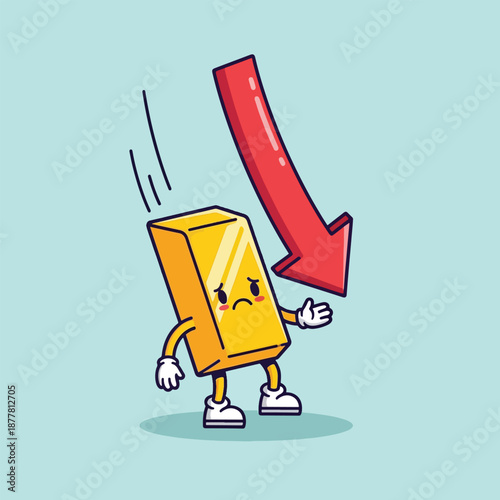 Sad Gold Bar Character Falling with Red Downward Arrow.