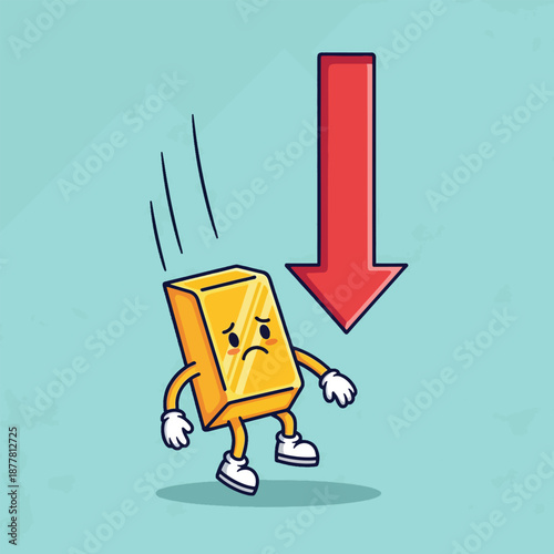 Sad Gold Bar Falling Down with Red Arrow Symbolizing Decline.