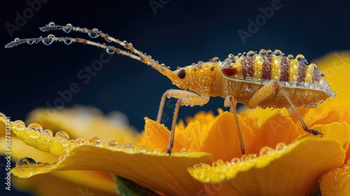 Detailed Close-Up of Insect on Vibrant Flower Petals with Water Droplets Highlighting Natural Beauty in Macro Photography