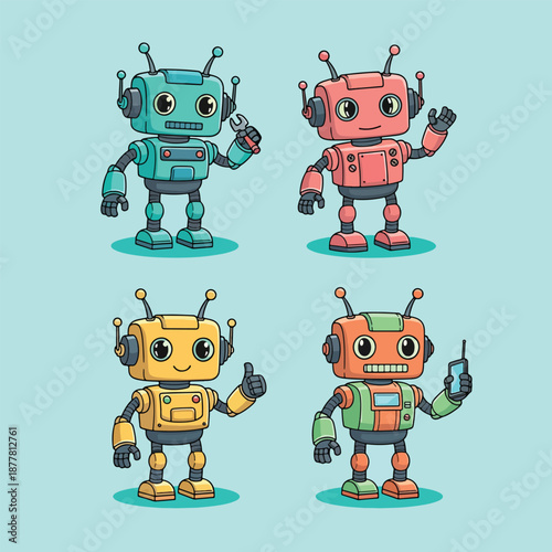 Set of Four Cute Cartoon Robots with Different Colors and Poses.