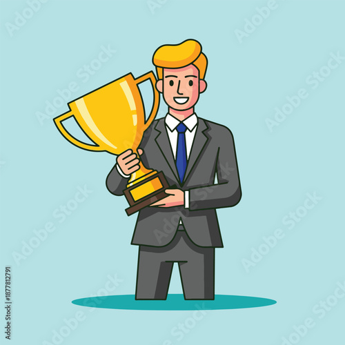 Successful Businessman Holding a Golden Trophy Award.