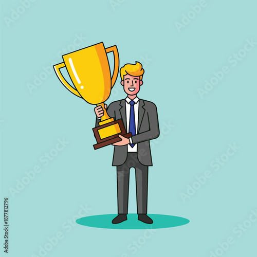 Successful Businessman Holding a Golden Trophy.