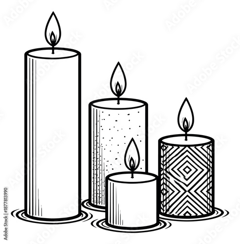 Hand drawn line art candle set featuring decorative patterns and glowing flames for ambiance