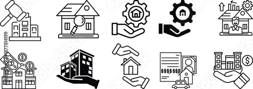 Real Estate and Property Management Icon set. Home, Housing, Investment and Mortgage Symbols. Property for sale, land plot zoning, and building construction concepts.