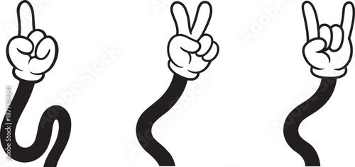 Retro cartoon hand icons in bold silhouette style for vintage design, comics and fun UI.