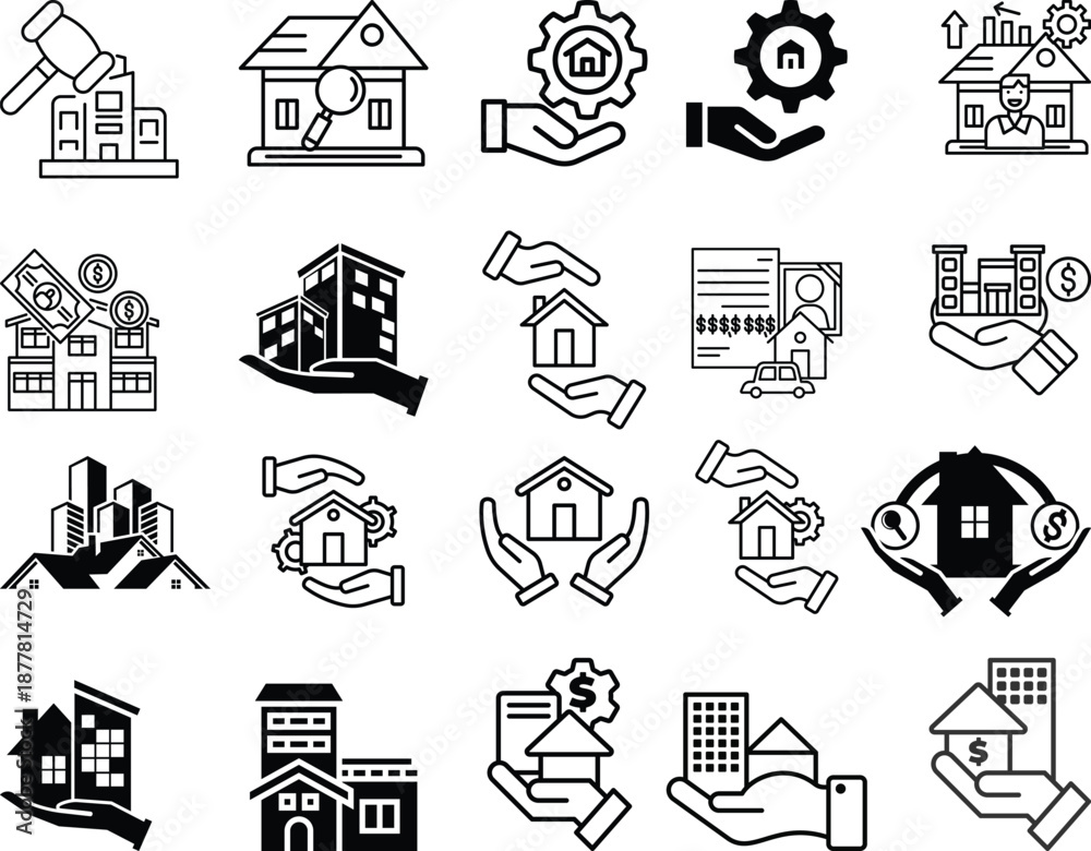Fototapeta premium Real Estate and Property Management Icon set. Home, Housing, Investment and Mortgage Symbols. Property for sale, land plot zoning, and building construction concepts.