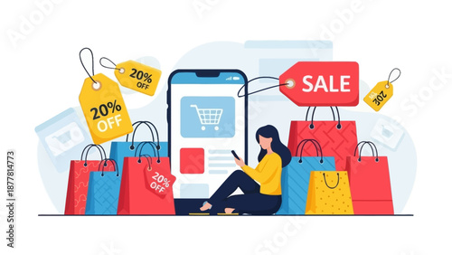 Woman shopping online with phone surrounded by sale tags and bags