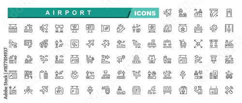 Set of outline icons related to airport. Linear icon collection. Editable stroke. Icon set for design elements. Pixel perfect.