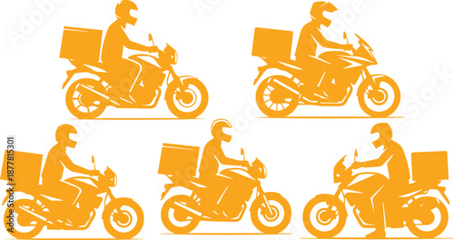 Five motorcycle delivery riders in action, ensuring timely deliveries across the city