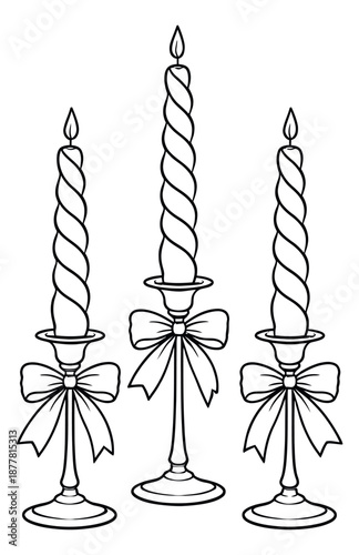 Line art candle set featuring three burning twisted candles in decorated holders with bows for christmas and holiday celebrations
