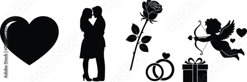 Love silhouette icons, heart, couple, rose, wedding rings, gift box, cupid, Valentine’s Day vector, romantic symbols, passion, affection