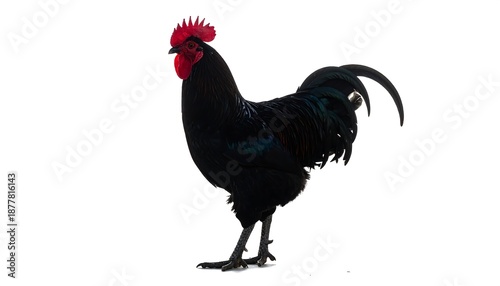 Majestic Black Rooster Standing Tall on White Background.