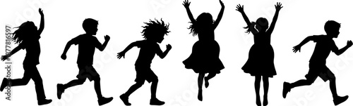 Black silhouettes of happy children jumping and running, diverse group of kids playing together, active youth childhood vector illustration set