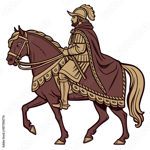 Historic royal figure on decorated horse in gold and brown armor 1