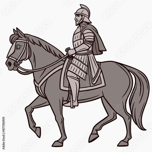 Classical royal warrior riding horse calmly armor