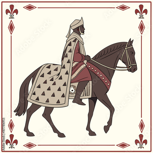 Traditional monarch riding horse with patterned cloak 1