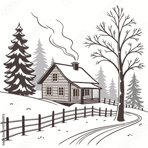 Rural winter cabin scene with snow covered trees and fence
