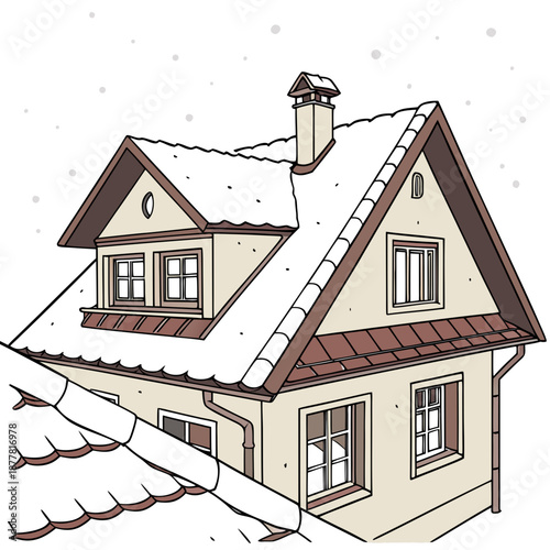 Snow covered house with brown roof and chimney winter 1