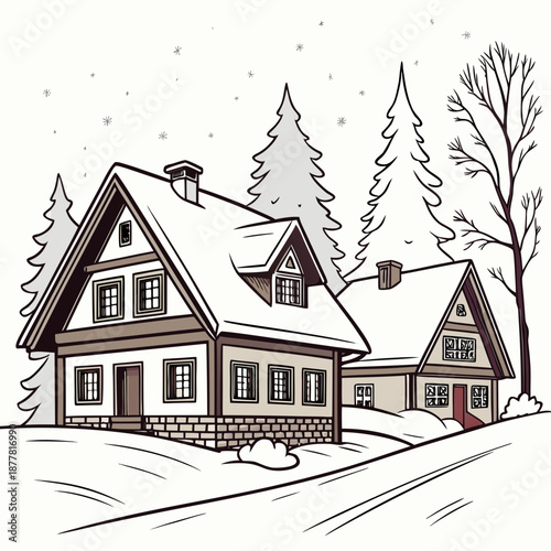Snow covered houses with trees and snowfall winter