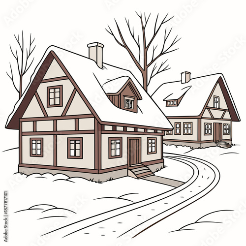 Traditional village houses with snow covered roofs and bare trees