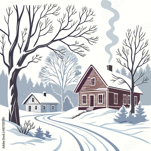 Winter rural neighborhood with snow covered houses and trees 2