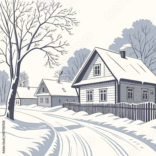 Winter rural neighborhood with snow covered houses and trees 3