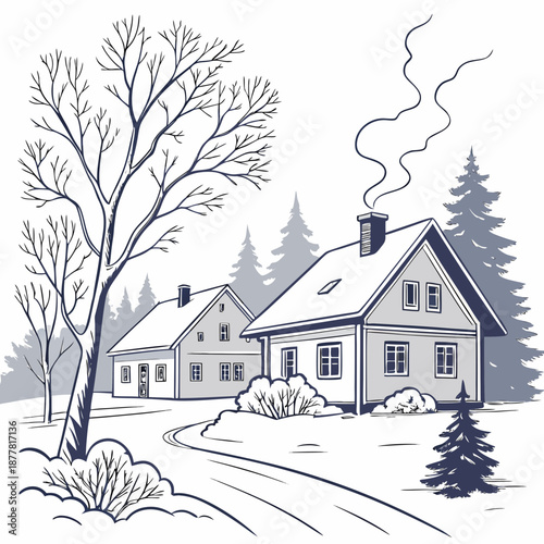 Frozen village scene with snow packed rooftops and chimney smoke 1