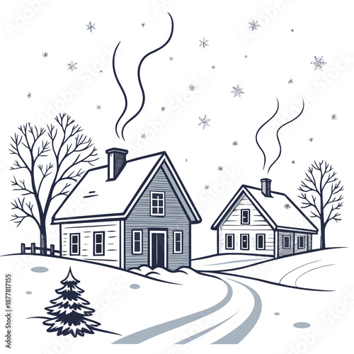 Snowy rural village scene with two houses and snow loaded roofs 1