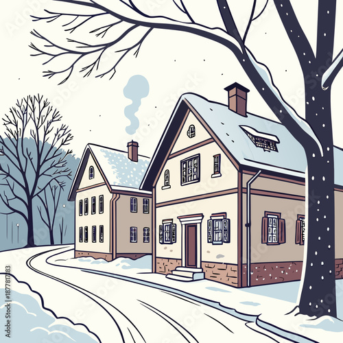Snowy village houses with bare trees and winding road 1