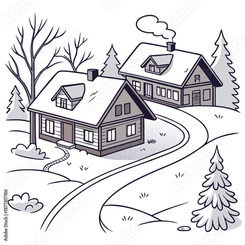 Snowy village homes with winding path and trees houses