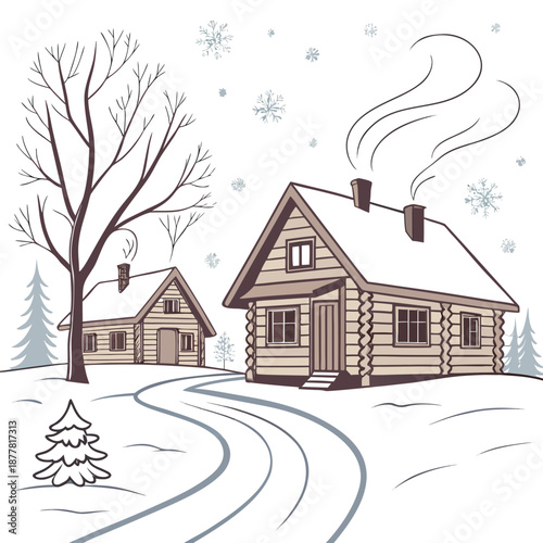 Snow covered log cabins with wooden architecture and falling snow 1