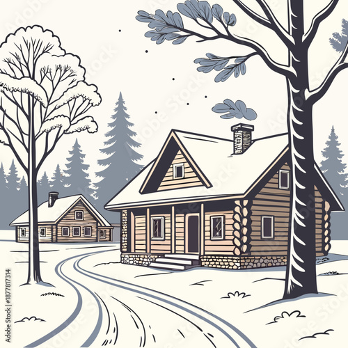 Snow covered log cabins with trees and road wooden houses 1