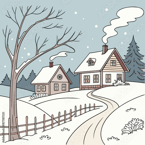 Snowy village landscape with small homes and fence 3