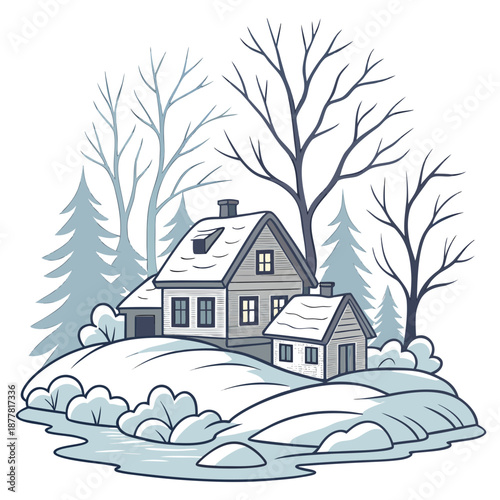 Winter houses on snowy hill with trees cartoon