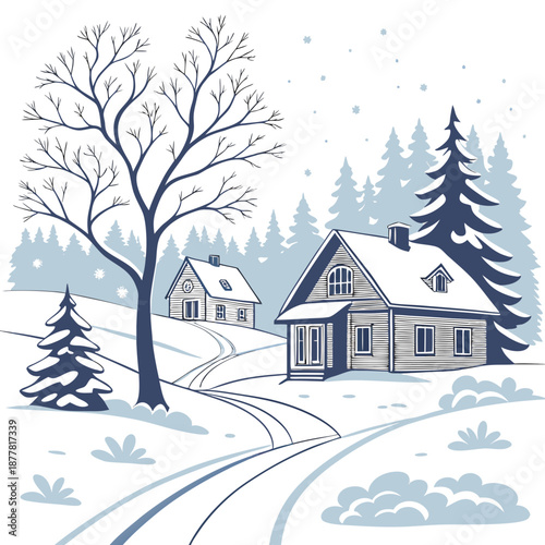 Winter countryside housing scene with deep snow and trees 1