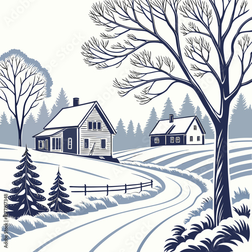 Winter countryside scene with houses and deep snow 1