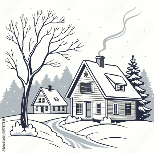 Snow covered houses with smoke chimney and trees rural 1