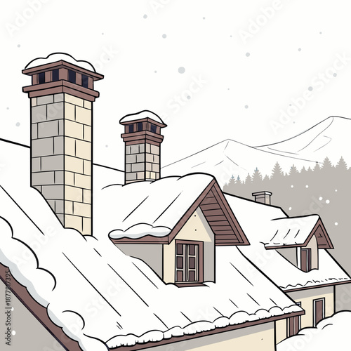 Snow covered rooftops with chimneys in a small village 1