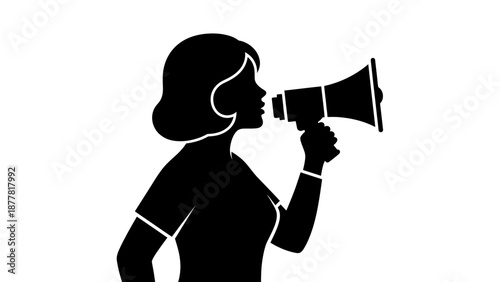 Woman Silhouette Holding Megaphone Loudspeaker.