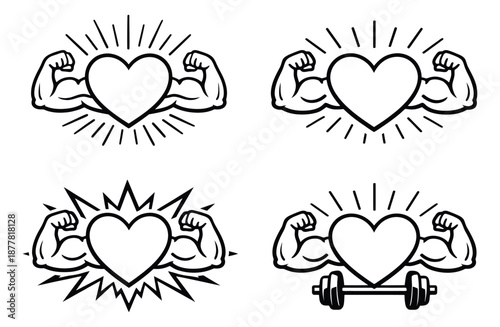Line art strong heart icons set featuring muscular arms, radiating lines, and a barbell for health, fitness, and vitality concepts