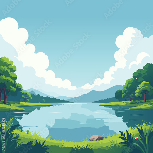Serene lake landscape with lush greenery, trees, and mountains in the distance, viewed from a peaceful grassy shore.