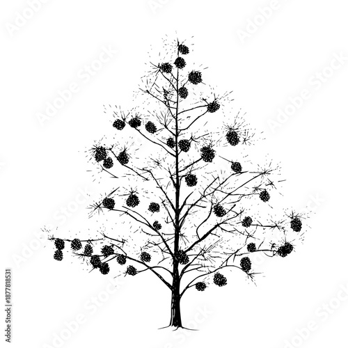 A monochrome drawing of a pine tree with many pinecones scattered throughout its branches and needles design