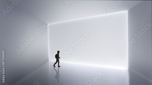 Photography Modern mixed media with person walking toward luminous wall
