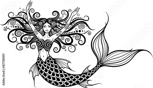 Beautiful mermaid line art illustration with flowing curly hair and decorative scales, mythical sea creature drawing on a white background
