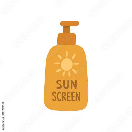 Yellow sunscreen bottle illustration for skincare marketing, UV protection articles, summer beauty routines, and beach safety content.