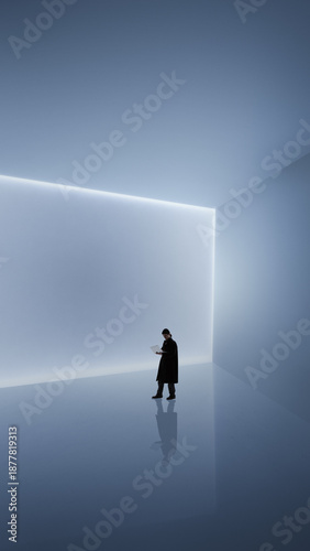 Foto Graphic composition with man reading document in luminous room