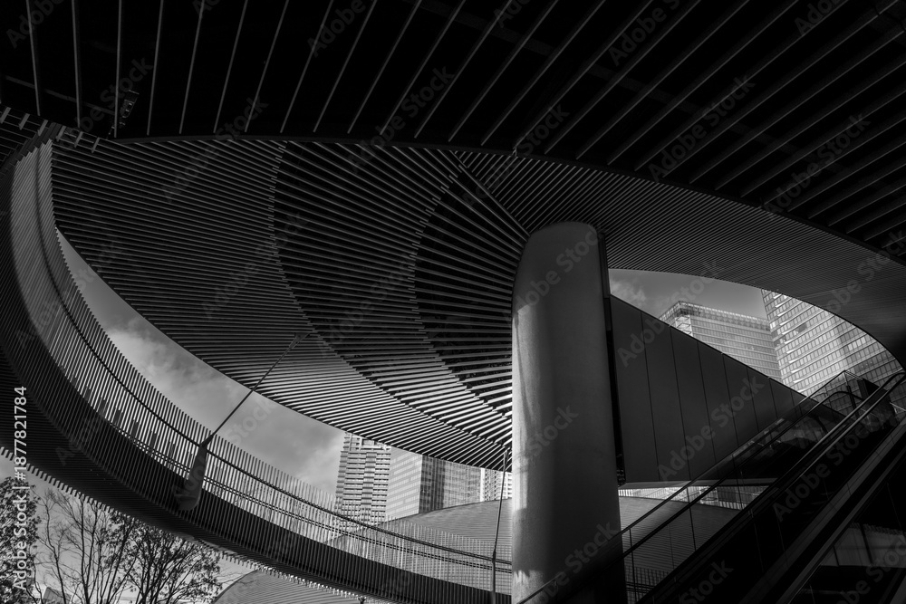 Obraz premium 近未来的な都市建築の抽象構造を見上げたモノクロ写真