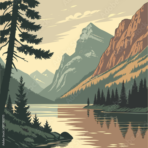 Serene mountain lake with trees and cliffs water