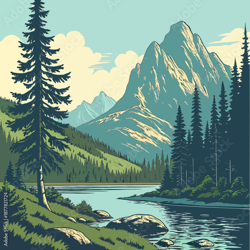 Serene mountain lake with pine trees and rocky shoreline